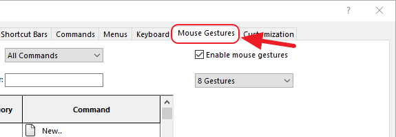 Mouse Gestures tab Solidworks
